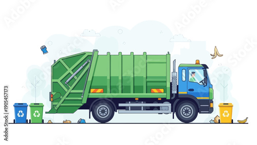 Green Garbage Truck Driving on Road
