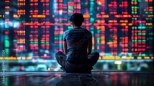 Person meditating in front of a vibrant stock market display.