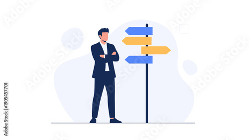 Businessman standing at a crossroads signpost, making a decision, business strategy, vector illustration.