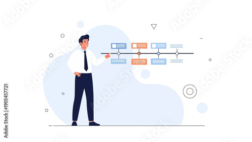 Businessman planning timeline, strategy, project management, modern flat illustration
