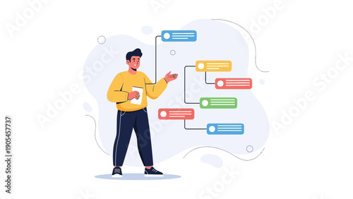 Man presenting flowchart, planning, strategy, business process, decision making, flat design