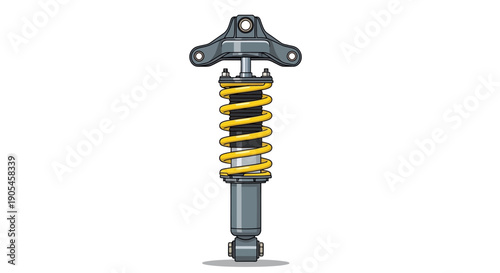 Detailed view of a motorcycle shock absorber with yellow springs and grey components on a white background