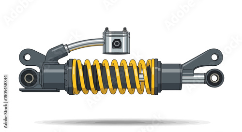 A detailed illustration of a shock absorber with yellow springs and metal components isolated on a plain background from a horizontal viewpoint