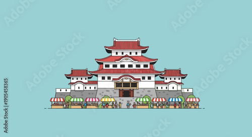 A beautiful flat line art illustration of a traditional Japanese castle with a vibrant festival market scene in the foreground against a clear blue sky