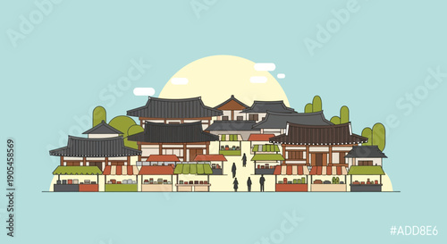 A charming illustration depicting a bustling traditional East Asian village with market stalls under a warm sun, showcasing a lively community and cultural architecture