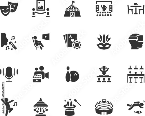 Vector set of entertainment flat icons. Contains icons theater, gallery, concert, diving, bowling, bar, magic tricks, dancing and more. Pixel perfect.