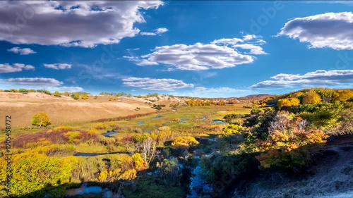 Autumn Valley River Landscape with Golden Foliage