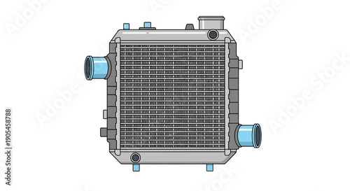 A detailed top-down view of an industrial radiator with metallic components and blue fittings on a white background