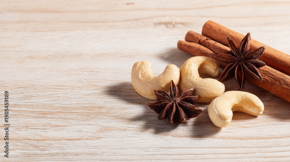 Fototapeta premium Cashew Nuts With Cinnamon Sticks And Star Anise On Wood