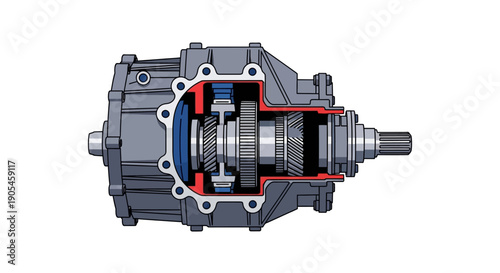 Detailed technical illustration of a mechanical gearbox with exposed internal components viewed from the side