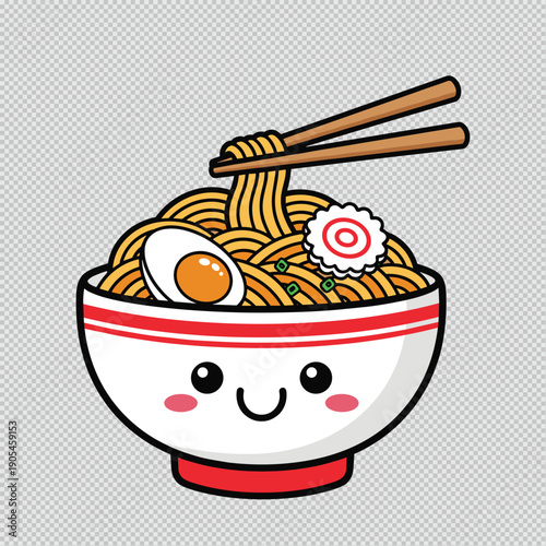 A charming cartoon illustration depicts a bowl of ramen noodles with a half boiled egg and toppings