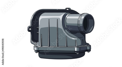 Industrial machinery component illustration featuring a grey metal device with a cylindrical outlet and ridged surface on a plain background