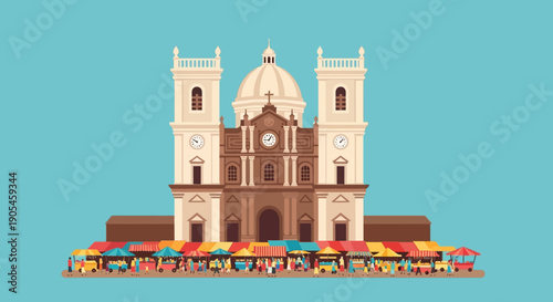 Vector illustration of a vibrant town square featuring a historic colonial cathedral with a bustling street market in front of the facade