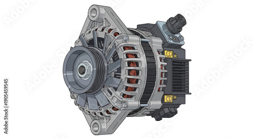 Detailed view of an automotive alternator showcasing its mechanical components and electrical parts in a technical illustration