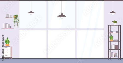 Office room interior flat vector illustration. Cartoon empty creative office workplace environment with modern furniture, table, computer, panoramic window. Inside decor design, workspace background