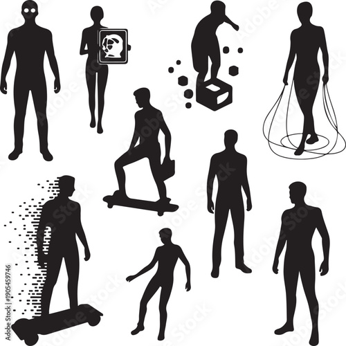 Black silhouettes of people doing various activities with white background