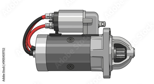 Detailed illustration of a car starter motor with wires against a plain background