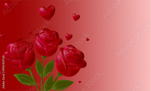 Romantic bouquet of three vibrant red roses with floating hearts.