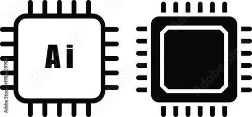 Two simplified black outline icons representing computer microchips with AI lettering and a solid core isolated on transparent background