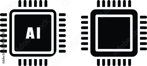 Two simplified black icons of computer microchips representing artificial intelligence technology and data processing in a conceptual design