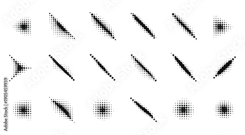  digital abstract dot patterns array. A versatile collection of halftone graphic elements exploring dynamic geometric distortions and gradient effects, perfect for modern vector design projects