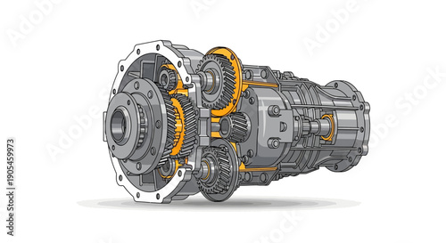 Detailed illustration of a mechanical gearbox showcasing internal gears and components from a front viewpoint