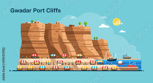 A vibrant vector illustration of a bustling coastal market with colorful stalls nestled at the base of majestic seaside cliffs under a sunny sky