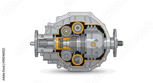 Detailed illustration of a mechanical gearbox with highlighted components viewed from the front