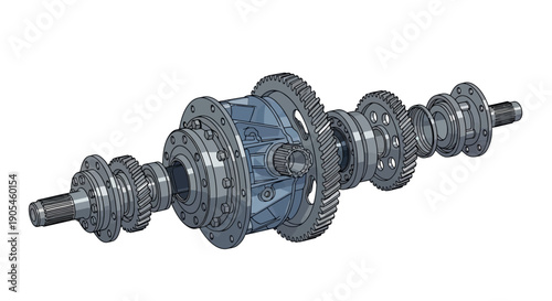 Detailed view of a complex mechanical transmission shaft with interconnected gears and axles