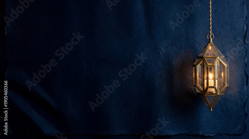 Glowing Moroccan Lantern with Candle Light on Dark Textured Background, Ramadan Celebration Ambiance