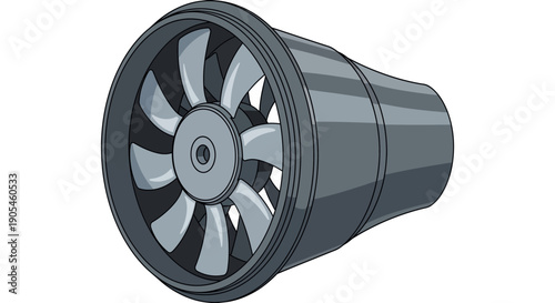 Industrial machine component with rotating fan blades in a cylindrical housing viewed from the side