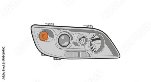 Detailed illustration of a car headlight assembly with multiple lenses and lights viewed from the front