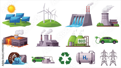 Renewable Energy Icons Set Solar, Wind, Hydro, Biofuel, and Hydrogen for Sustainability.