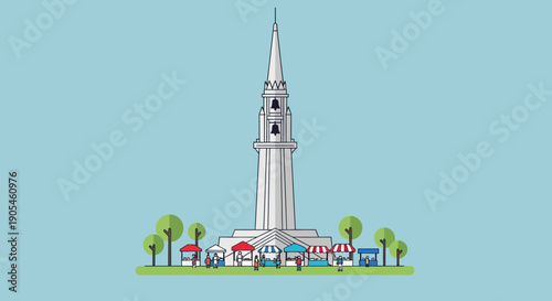 Vibrant flat vector of a majestic white church steeple, iconic landmark, central to a lively outdoor market. Colorful stalls and trees under blue sky convey festive local community spirit