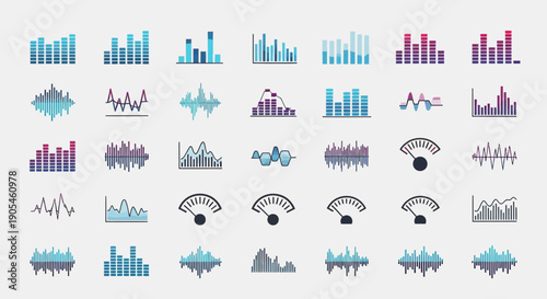 Audio Sound Wave Equalizer and Music Spectrum Vector Icons Set