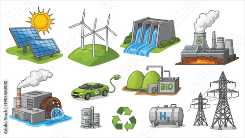 Renewable Energy Icons Set Solar, Wind, Hydro, Biofuel, and Hydrogen for Sustainability.