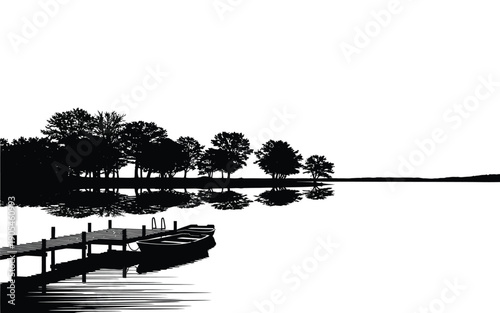 Serene lake scene with dock and trees silhouette against bright sky