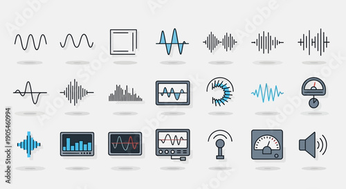Audio wave icons, sound frequency, signal, equalizer, and oscilloscope vector set