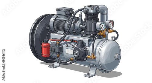 Detailed illustration of a large industrial compressor system with various components and pipes on a metal base