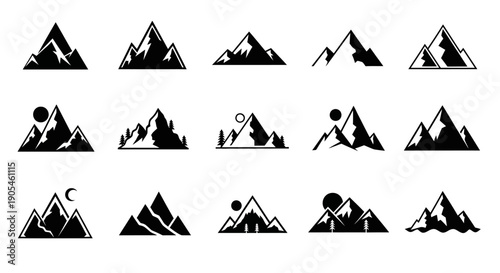 Mountain Peak Silhouette Vector Icons Set. Minimalist Nature Landscape Logos Collection.