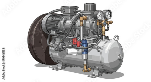 Industrial compressor machinery with pipes and gauges in a factory setting viewed from the side