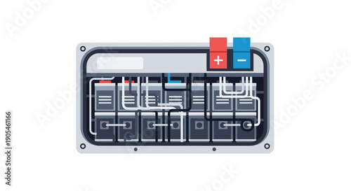 Detailed illustration of an electrical panel with complex wiring and circuit breakers viewed from directly above