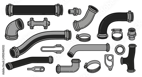 Assorted plumbing parts and fittings displayed against a clean background from a straightforward viewpoint
