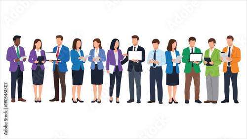 Flat Vector Illustration of 10 Diverse Professionals with Laptops and Tablets in Modern Business Casual Style