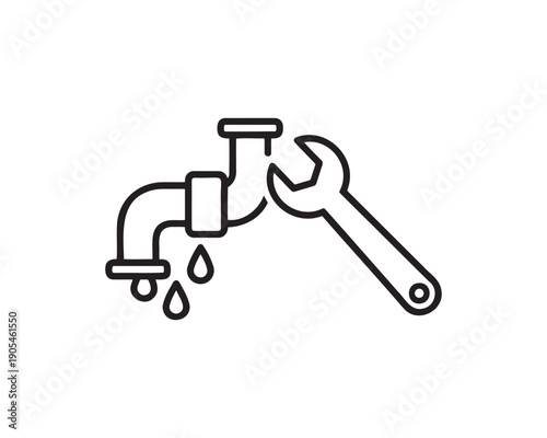 Plumbing repair and maintenance service icon. Leaking water pipe with wrench symbol for emergency plumber and home fix work order.
