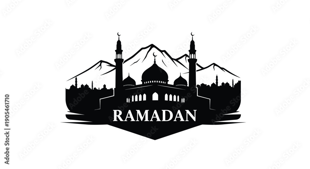 Obraz premium Ramadan mosque silhouette with mountains and minarets in Islamic style
