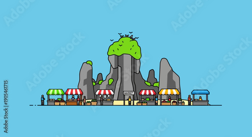 Charming Market Scene Set Against a Majestic Mountain Backdrop Under a Clear Blue Sky, Featuring Stalls and People in a Vibrant Outdoor Setting