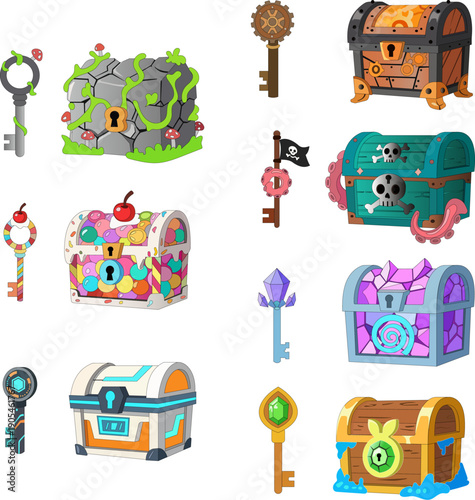 Fantasy Treasure Chests and Keys Game Assets Set. Collection of 7 Magic Loot Boxes Steampunk, Pirate, Stone, Crystal, Candy, Sci-Fi and Water