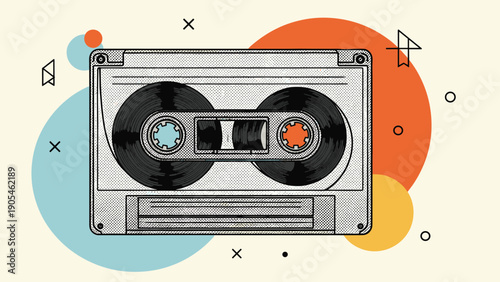 Retro cassette tape illustration set against a background of colorful abstract circles, vintage music and eighties nostalgia design art.
