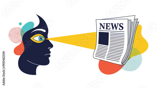 Stylized human profile in dark blue looking at a newspaper through a beam of yellow light, concept of focused reading and media consumption.